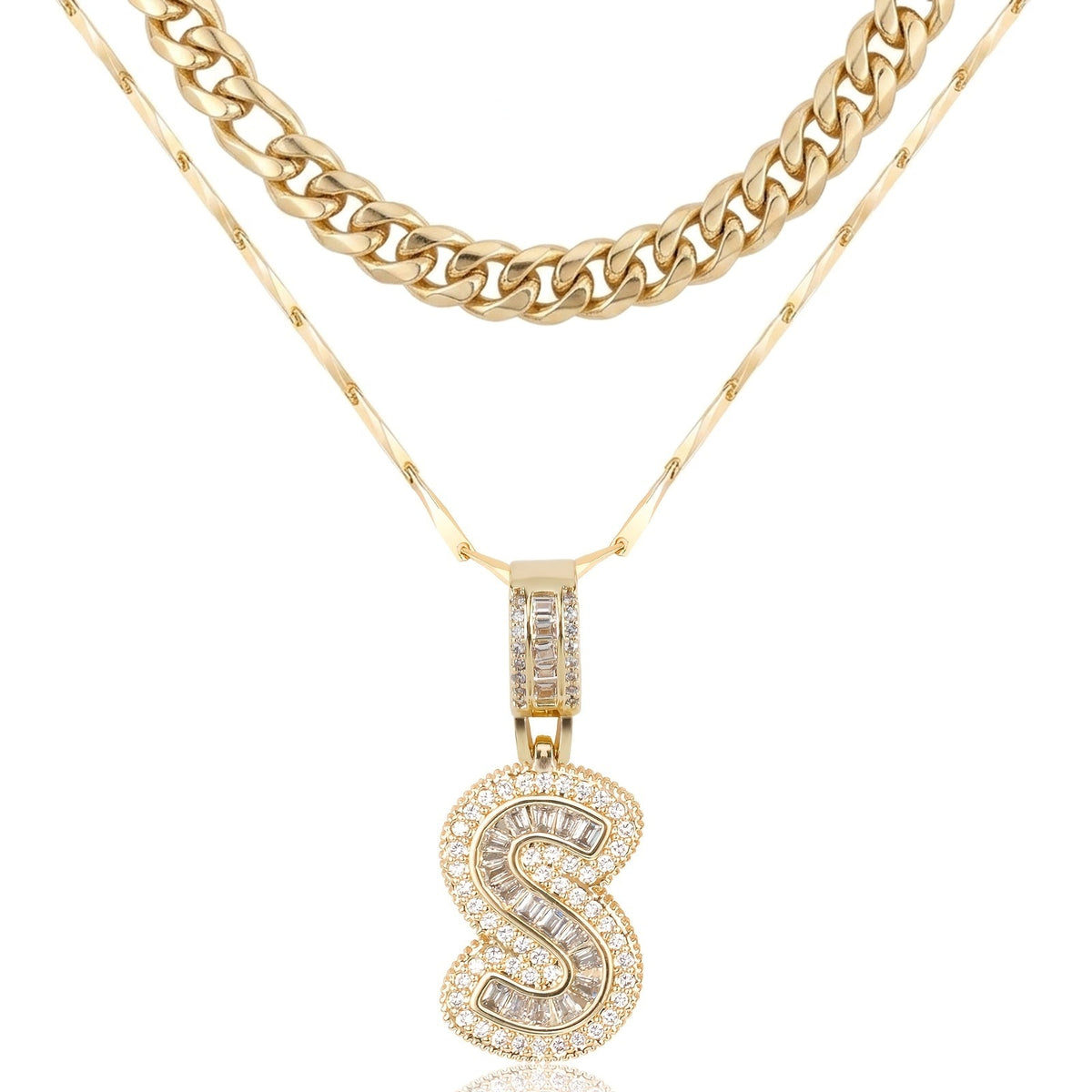 Set di 2 collane a strati in oro 14k, cubana e con iniziale