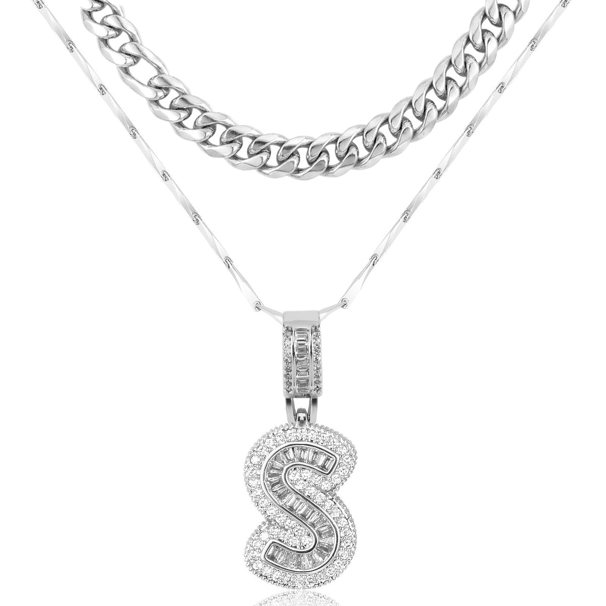 Set di 2 collane a strati in oro 14k, cubana e con iniziale
