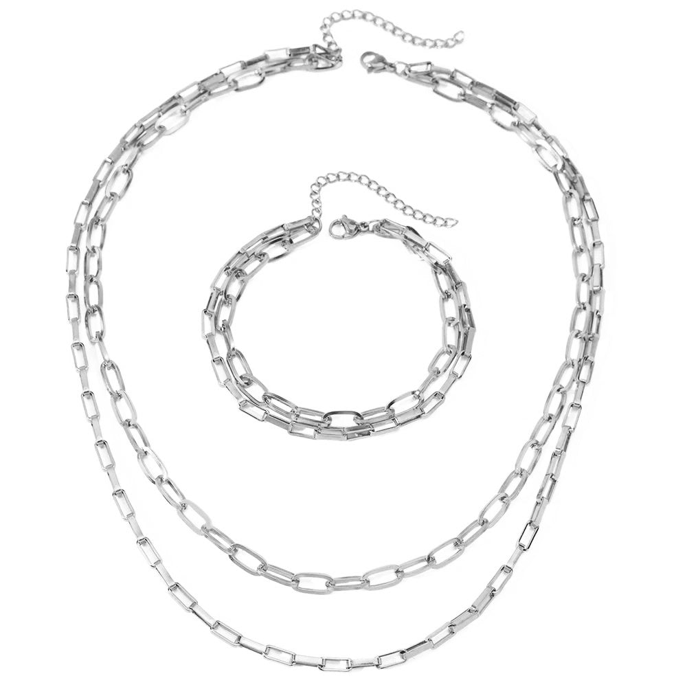 Ensemble superposé de bracelet et collier à double chaîne trombone