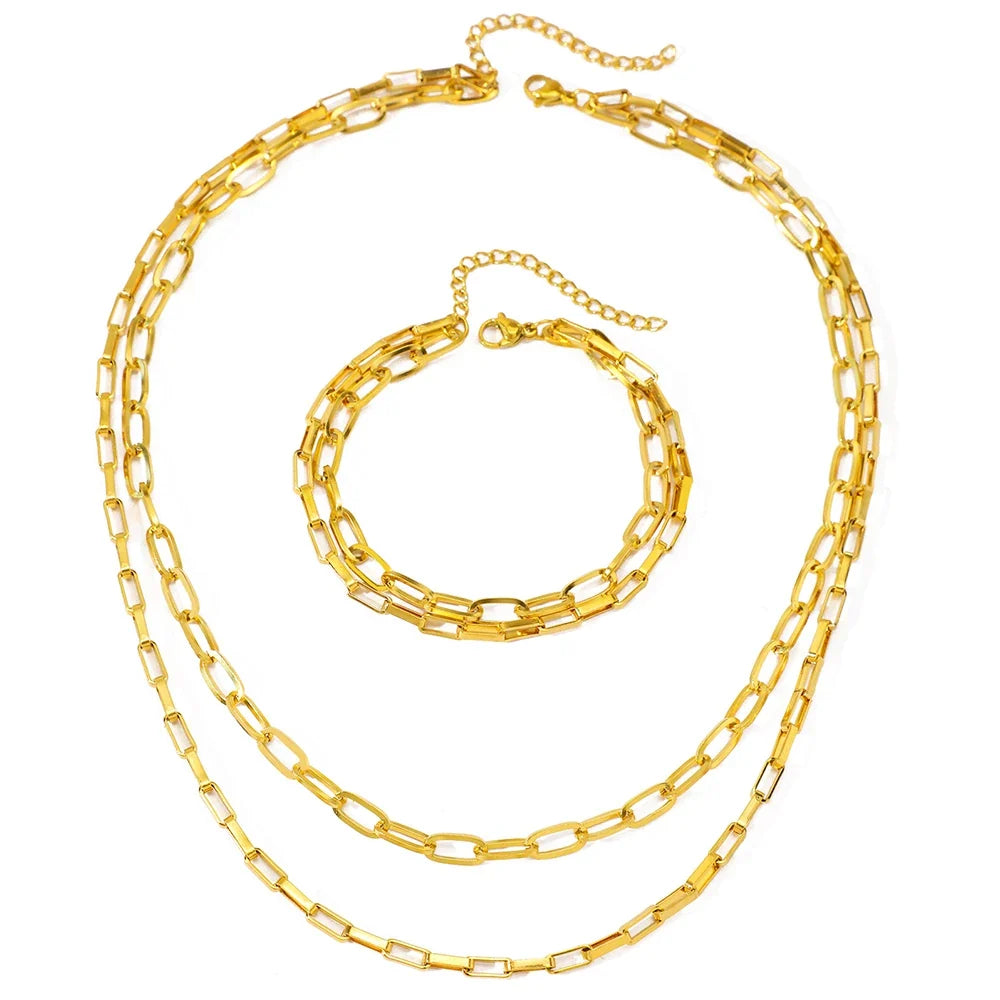 Ensemble superposé de bracelet et collier à double chaîne trombone