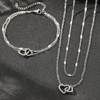 Juego de collar y pulsera con corazones dobles, eslabones curb y de cadena delicados