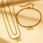 Juego de collar y pulsera con corazones dobles, eslabones curb y de cadena delicados