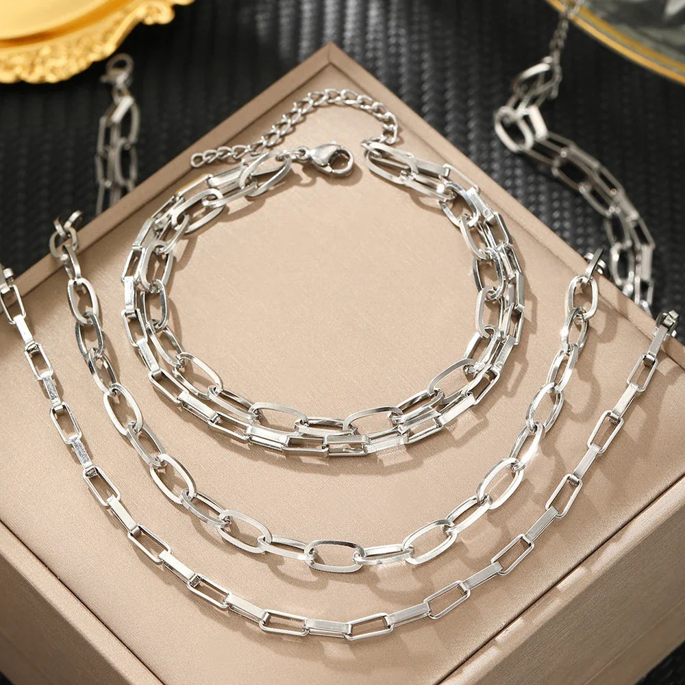 Ensemble superposé de bracelet et collier à double chaîne trombone