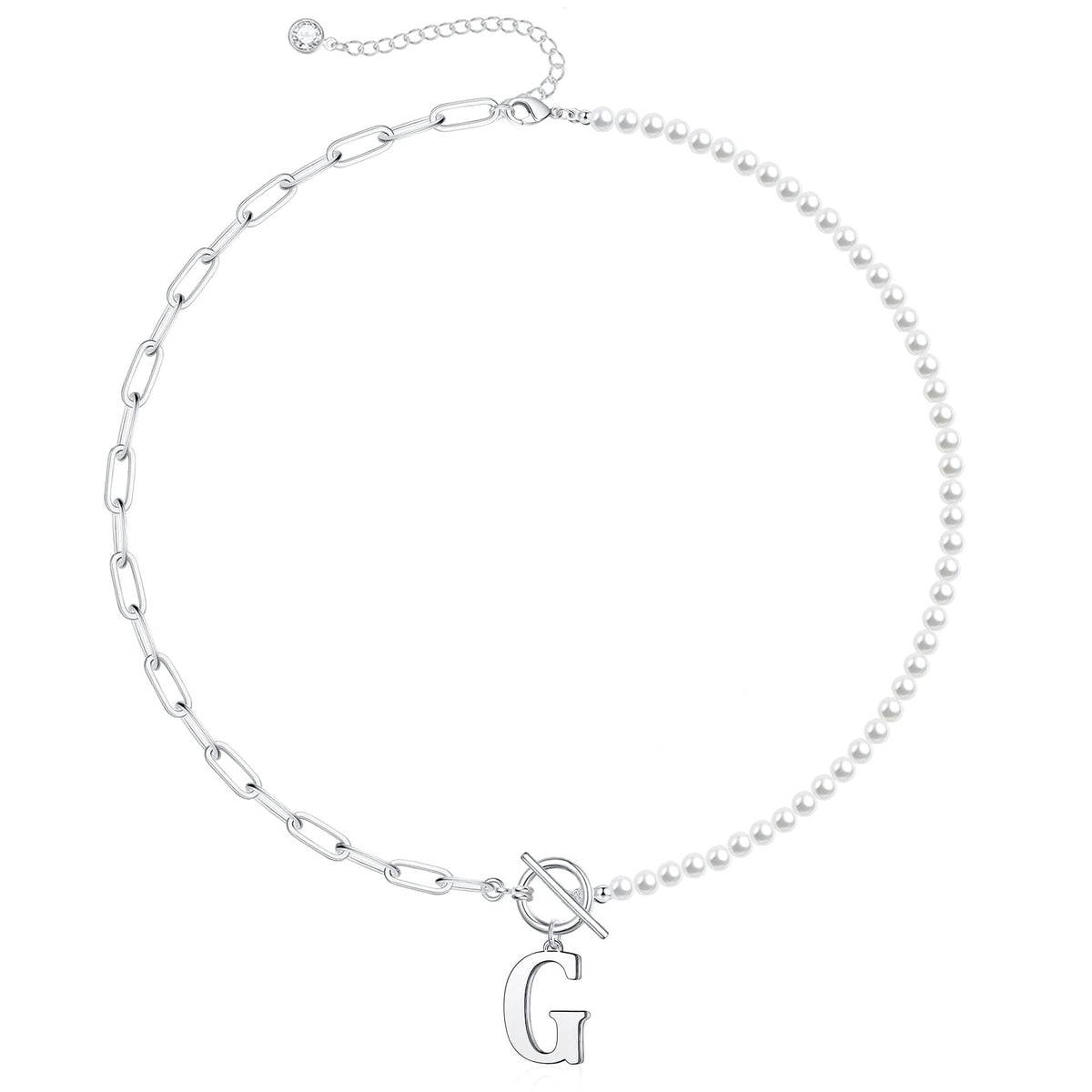 Collar con letra inicial, perlas y cadena de eslabones tipo clip