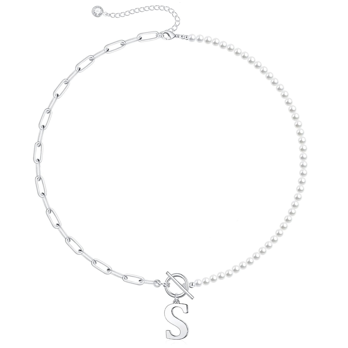 Collar con letra inicial, perlas y cadena de eslabones tipo clip