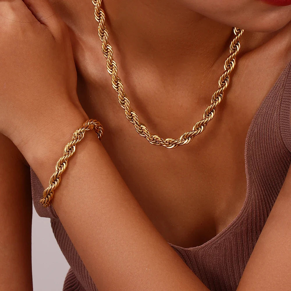 Bracelet et collier en chaîne corde épaisse de 8mm en or 18 carats