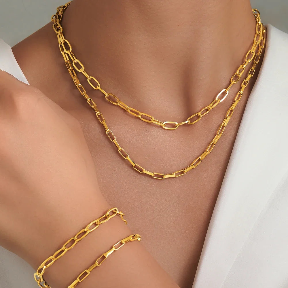 Ensemble superposé de bracelet et collier à double chaîne trombone
