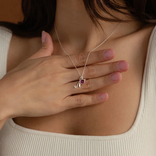 Dainty Cursive Heart Birthstone Letter Initial Necklace