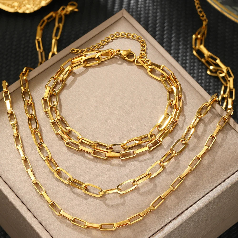 Ensemble superposé de bracelet et collier à double chaîne trombone