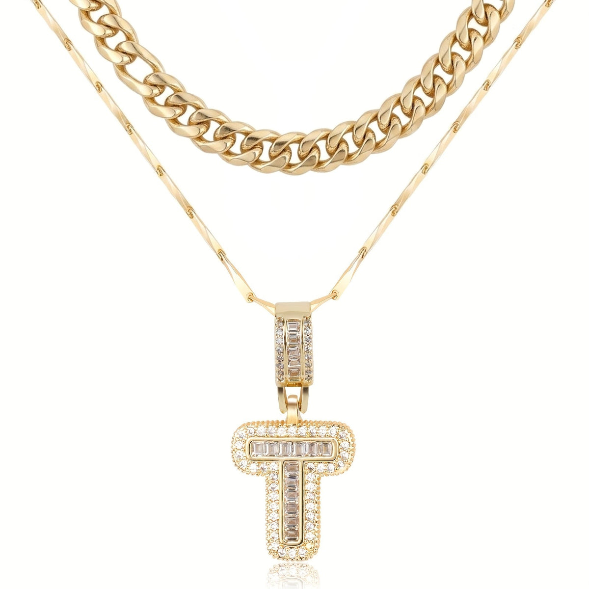 Set di 2 collane a strati in oro 14k, cubana e con iniziale