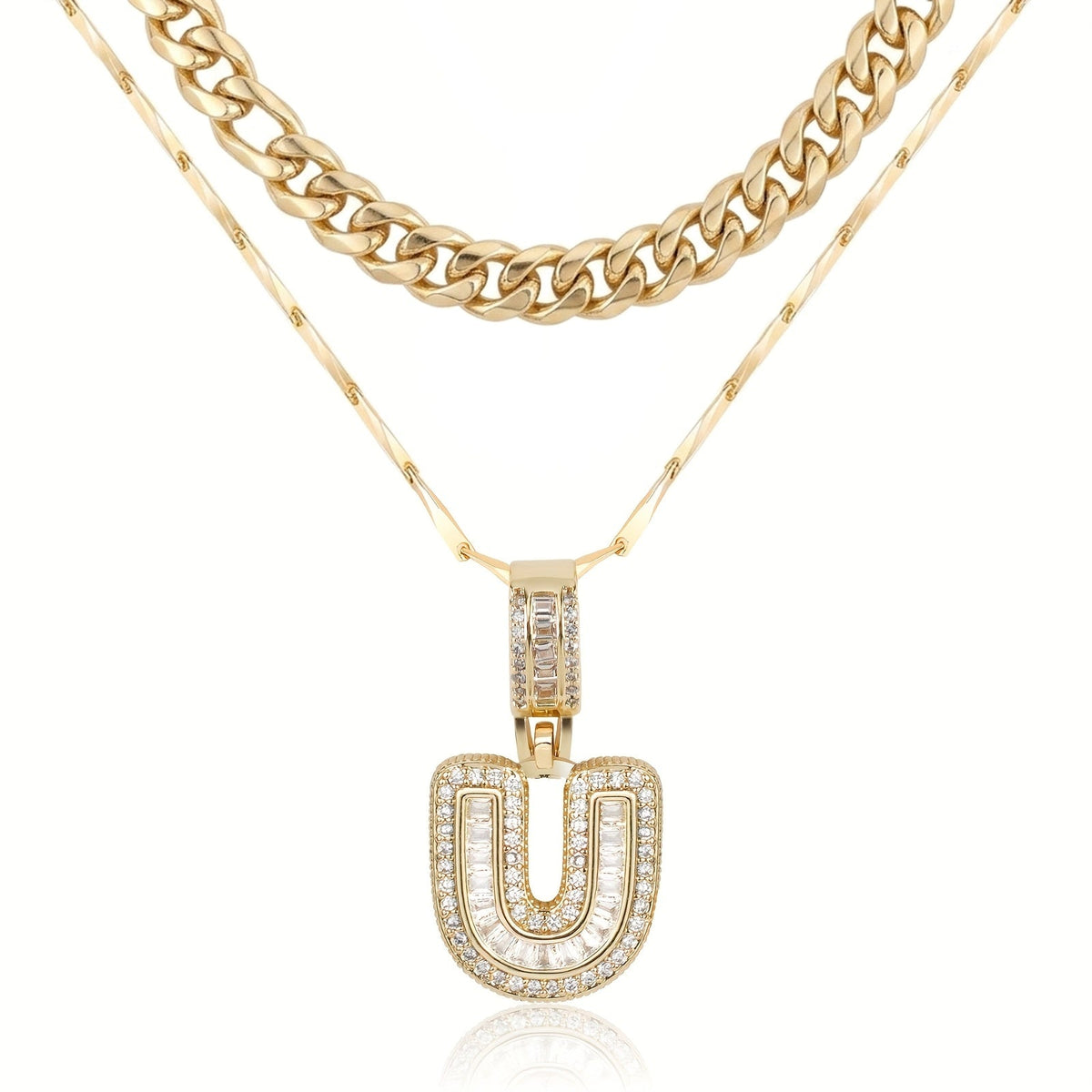 Set di 2 collane a strati in oro 14k, cubana e con iniziale
