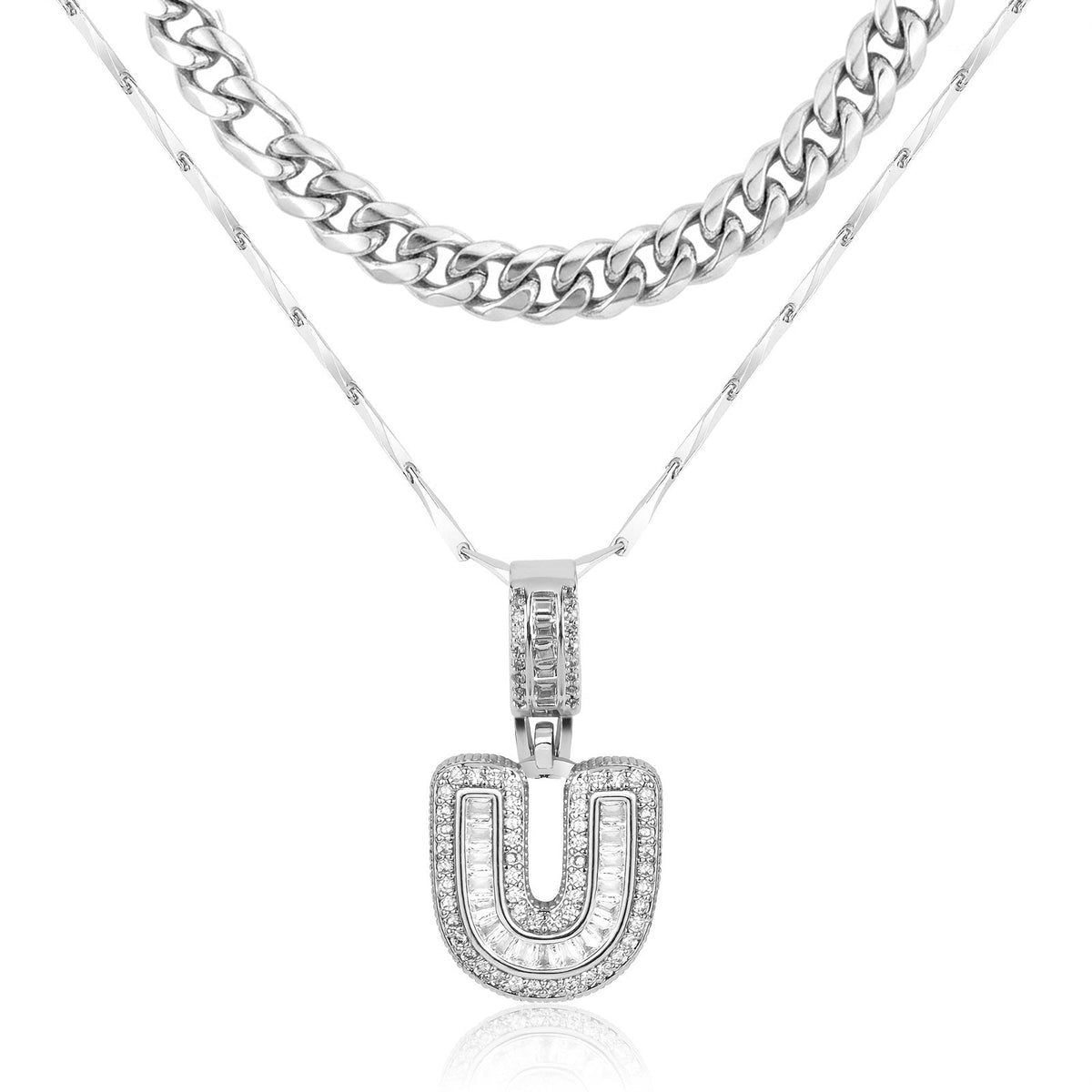 Set di 2 collane a strati in oro 14k, cubana e con iniziale