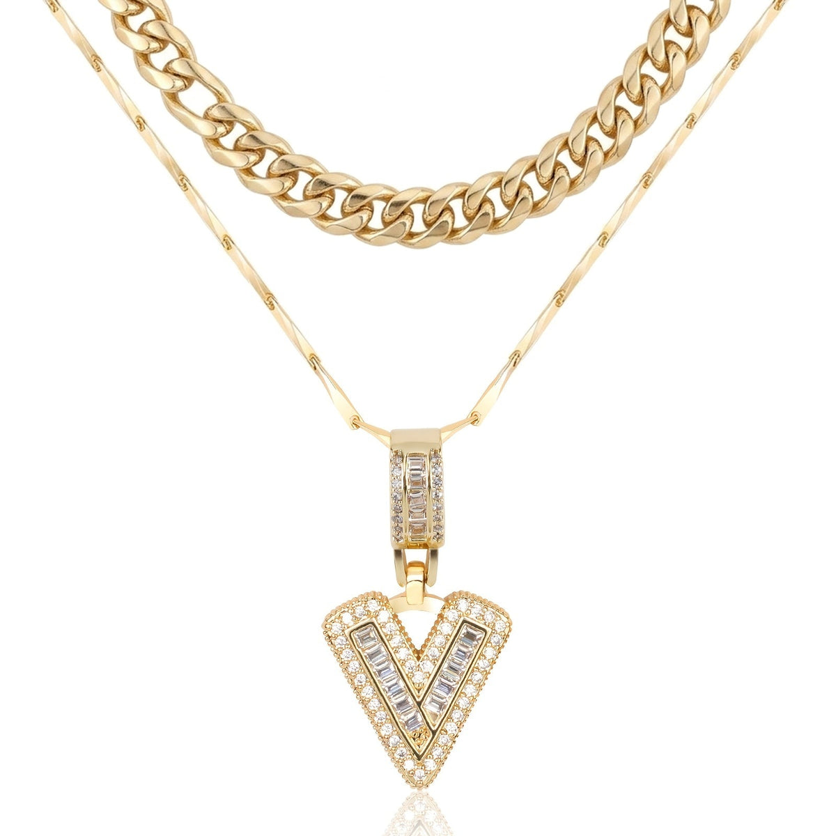 Set di 2 collane a strati in oro 14k, cubana e con iniziale
