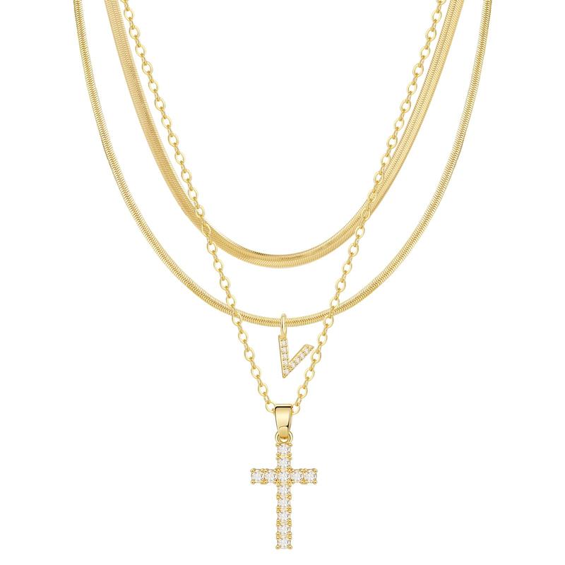 Juego de 3 collares de 14k con inicial y cruz con detalles de diamantes
