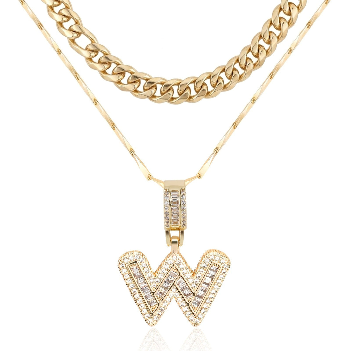 Set di 2 collane a strati in oro 14k, cubana e con iniziale