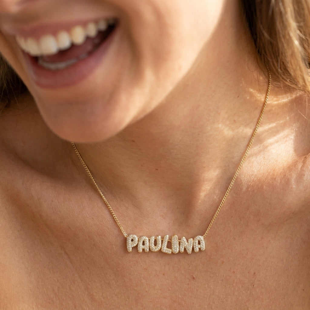 14k Diamond Accented Bubble Name Necklace