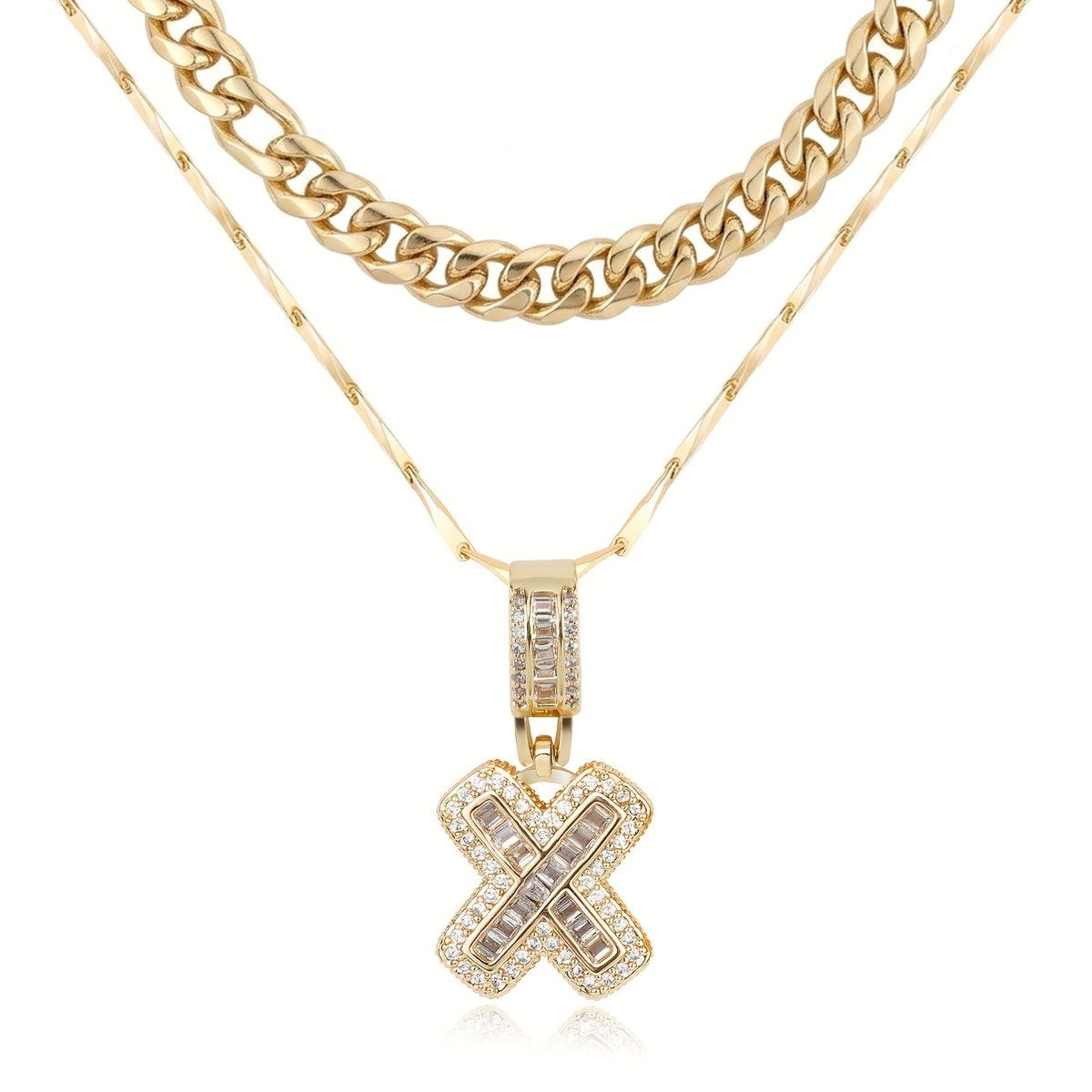 Set di 2 collane a strati in oro 14k, cubana e con iniziale