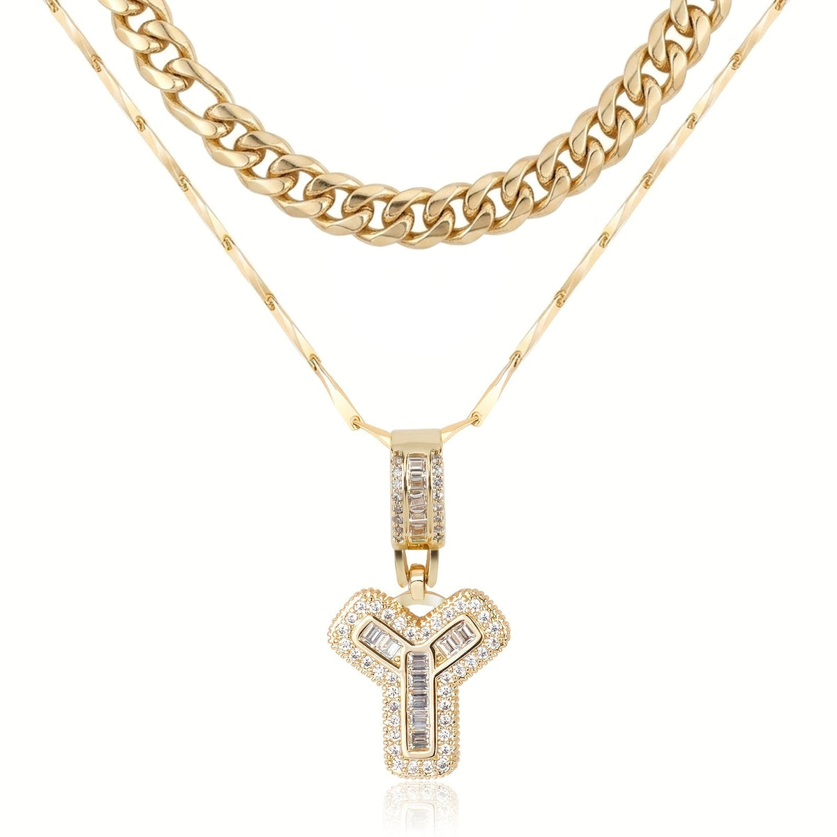 Set di 2 collane a strati in oro 14k, cubana e con iniziale
