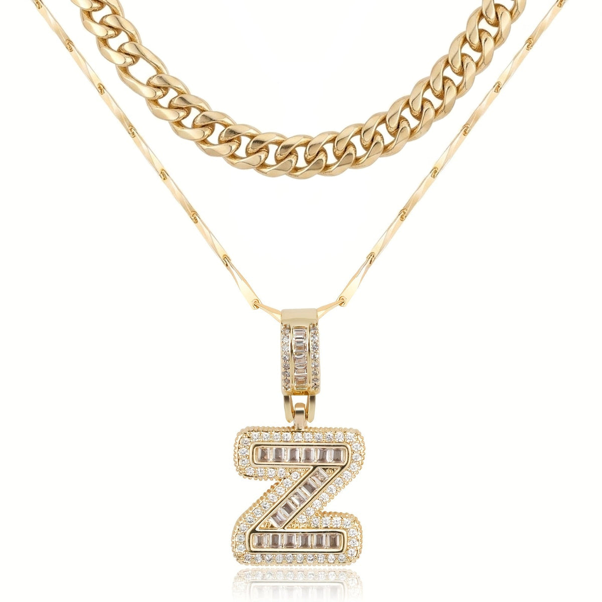 Set di 2 collane a strati in oro 14k, cubana e con iniziale