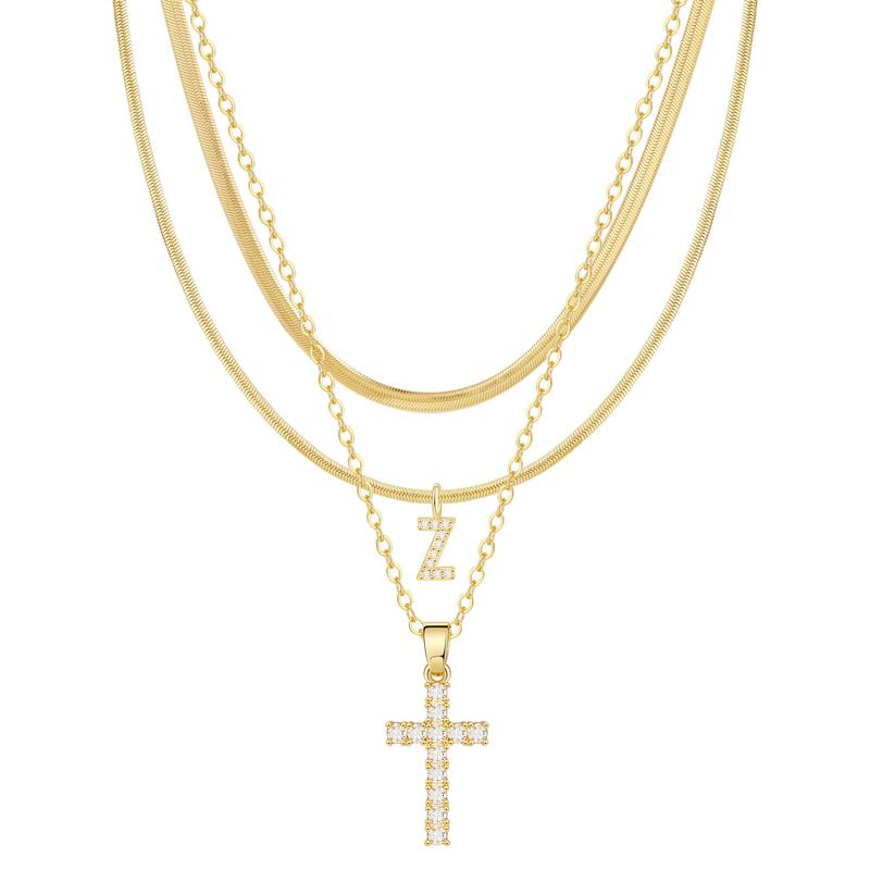 Juego de 3 collares de 14k con inicial y cruz con detalles de diamantes