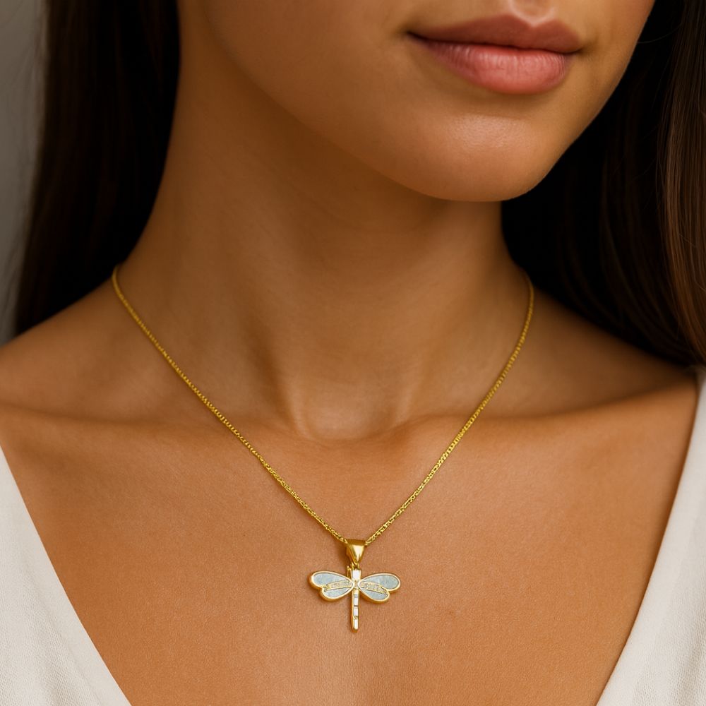 Dragonfly Necklace in Gold with Opal