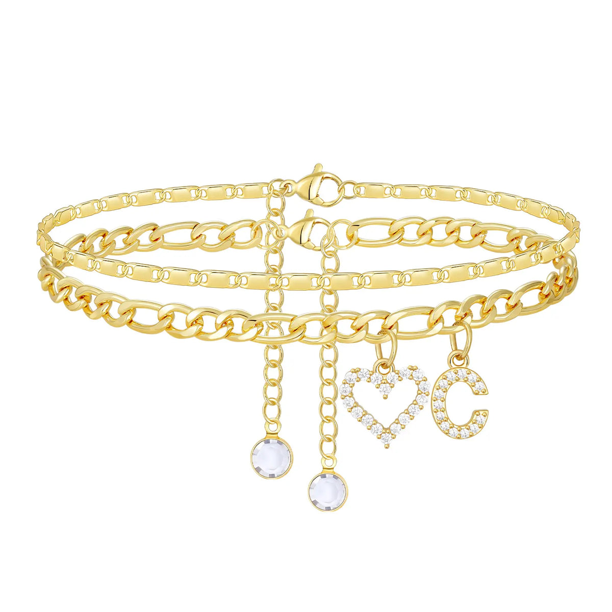 2pc 14k Letter Initial & Diamond Heart Anklet