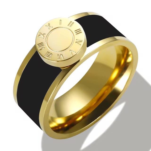 Elegancka bransoletka bangle z cyframi rzymskimi i pierścionkami