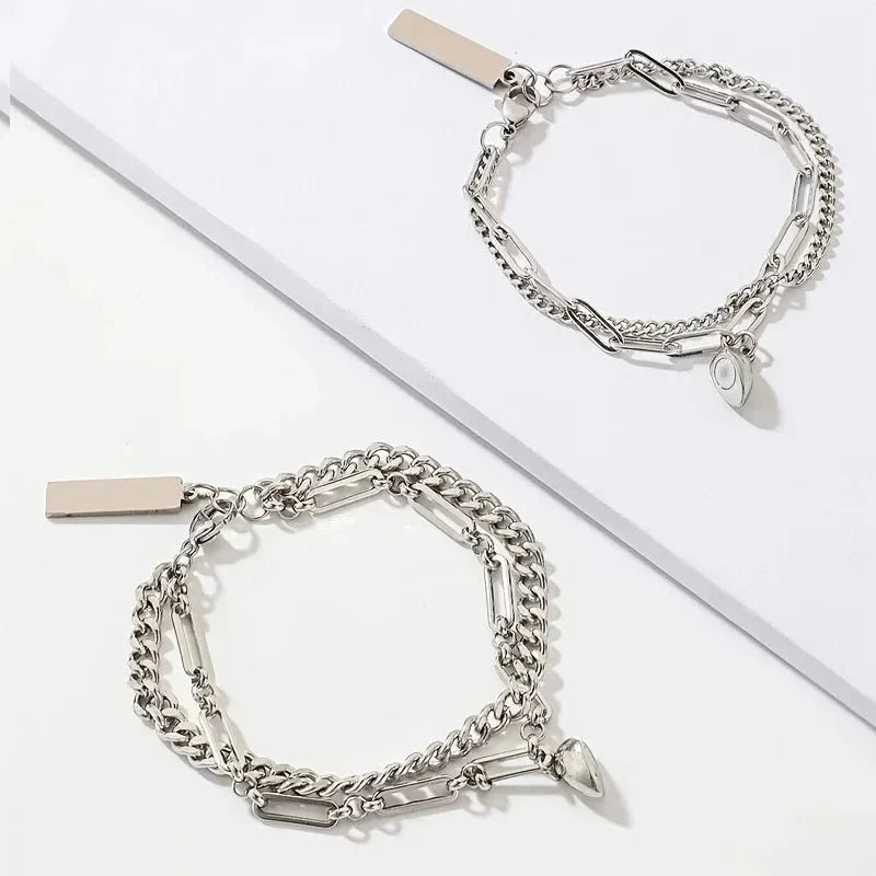 Ensemble de bracelets pour couple avec cœur magnétique, chaîne cubaine et chaîne trombone