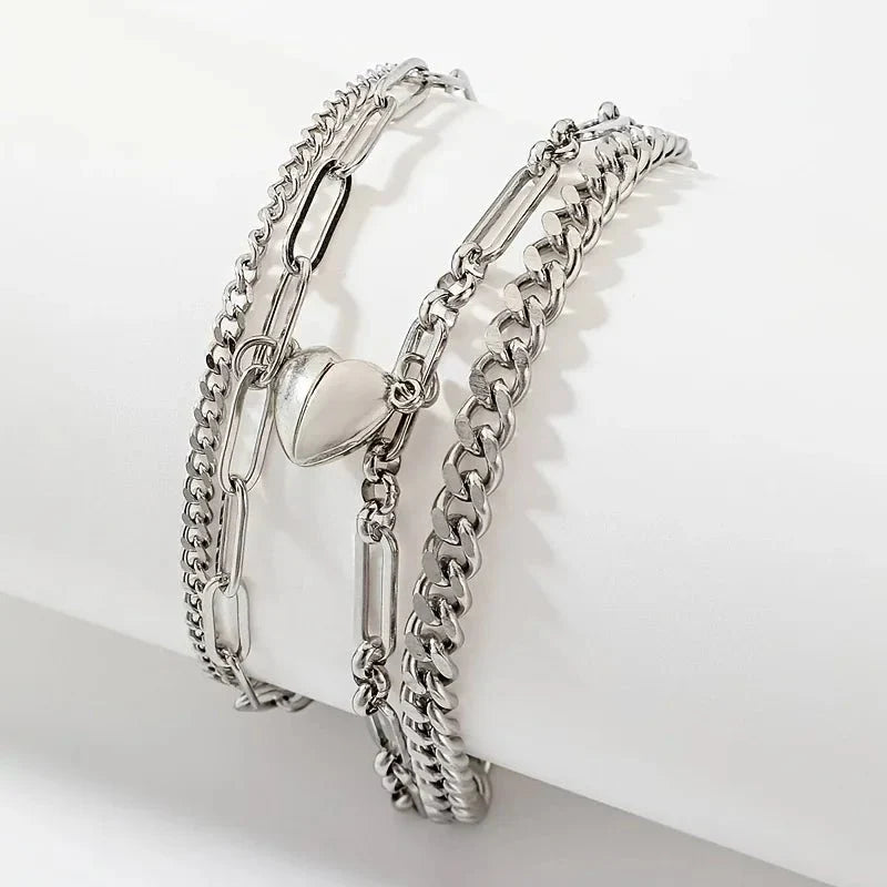Ensemble de bracelets pour couple avec cœur magnétique, chaîne cubaine et chaîne trombone