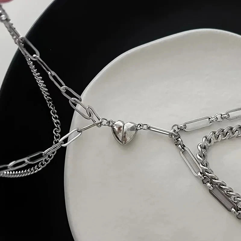 Ensemble de bracelets pour couple avec cœur magnétique, chaîne cubaine et chaîne trombone