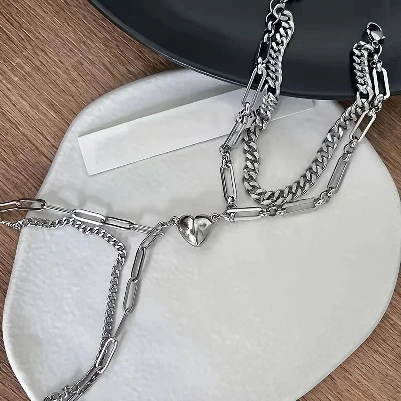 Ensemble de bracelets pour couple avec cœur magnétique, chaîne cubaine et chaîne trombone