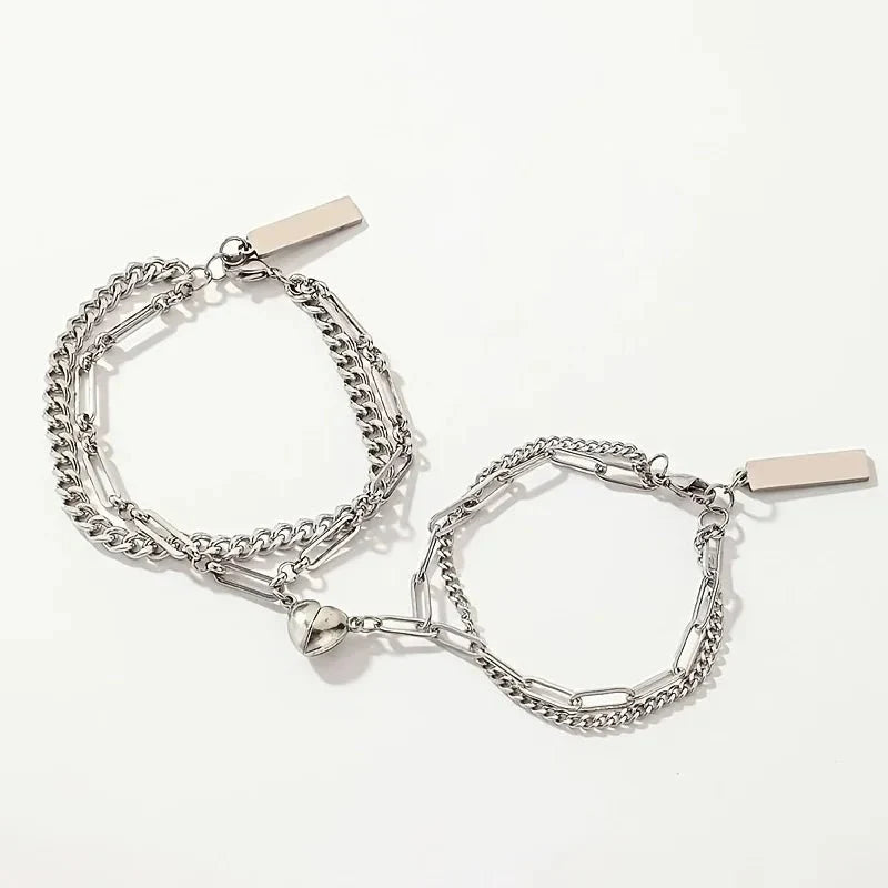 Ensemble de bracelets pour couple avec cœur magnétique, chaîne cubaine et chaîne trombone