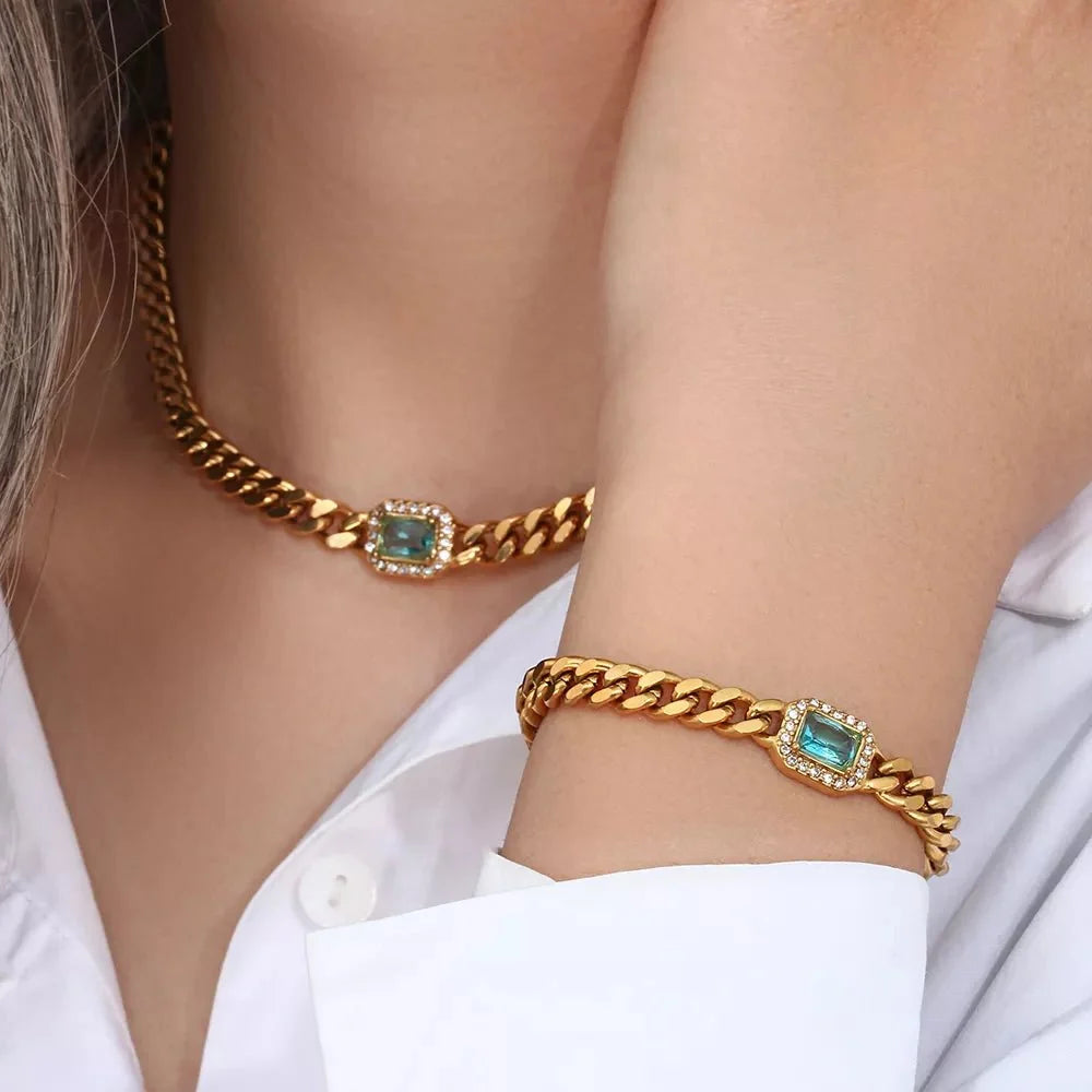 Naszyjnik typu choker i bransoletka z łańcuszkiem kubańskim oraz diamentami o szlifie kwadratowym