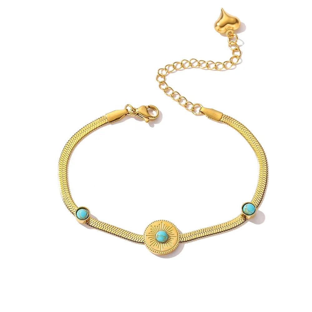 Delikatna bransoletka typu herringbone z turkusowym kamieniem