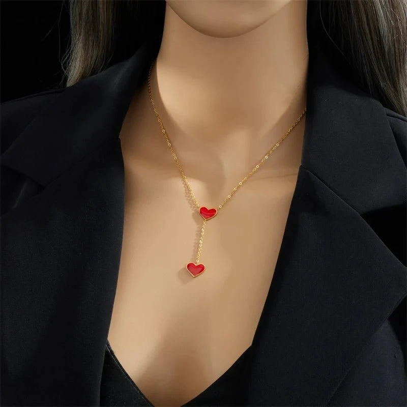Double Heart Drop Necklace
