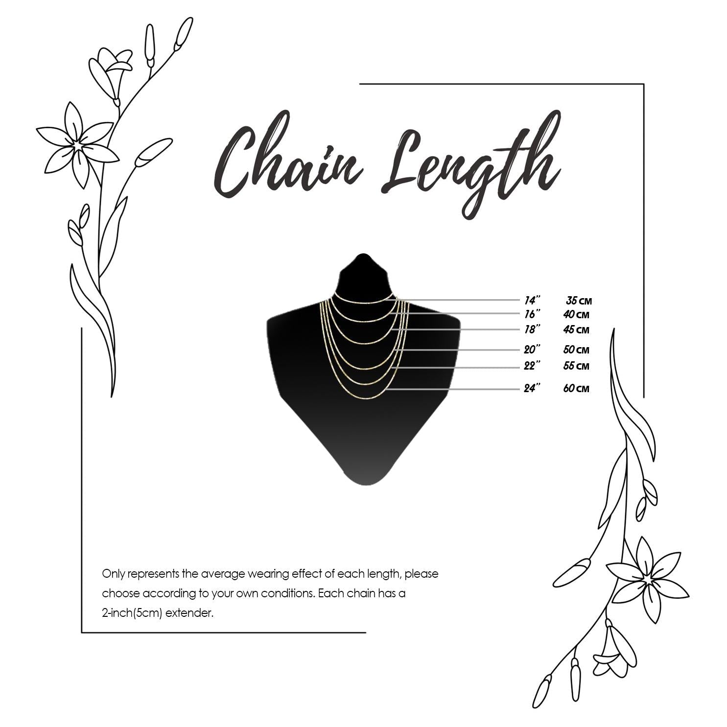 Chain length guide: 35 cm, 40 cm, 45 cm, 50 cm and 55 cm shown on a bust, each chain including a 5 cm extender.