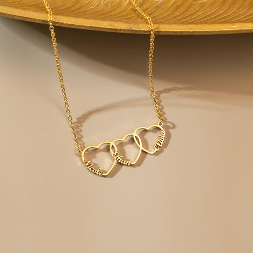 Family Name Necklace with Heart, Multiple Hearts Necklace, Kids Names Jewelry for Mom