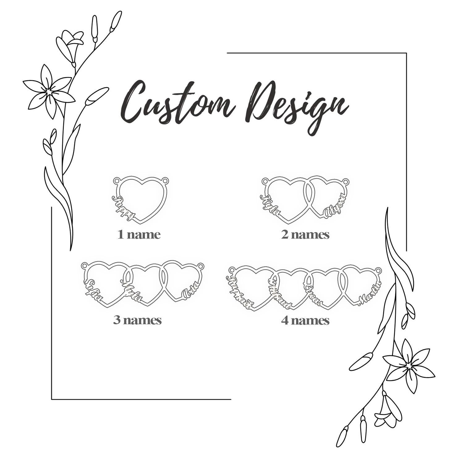 Design overview showing the pendant layout for 1, 2, 3 and 4 names.