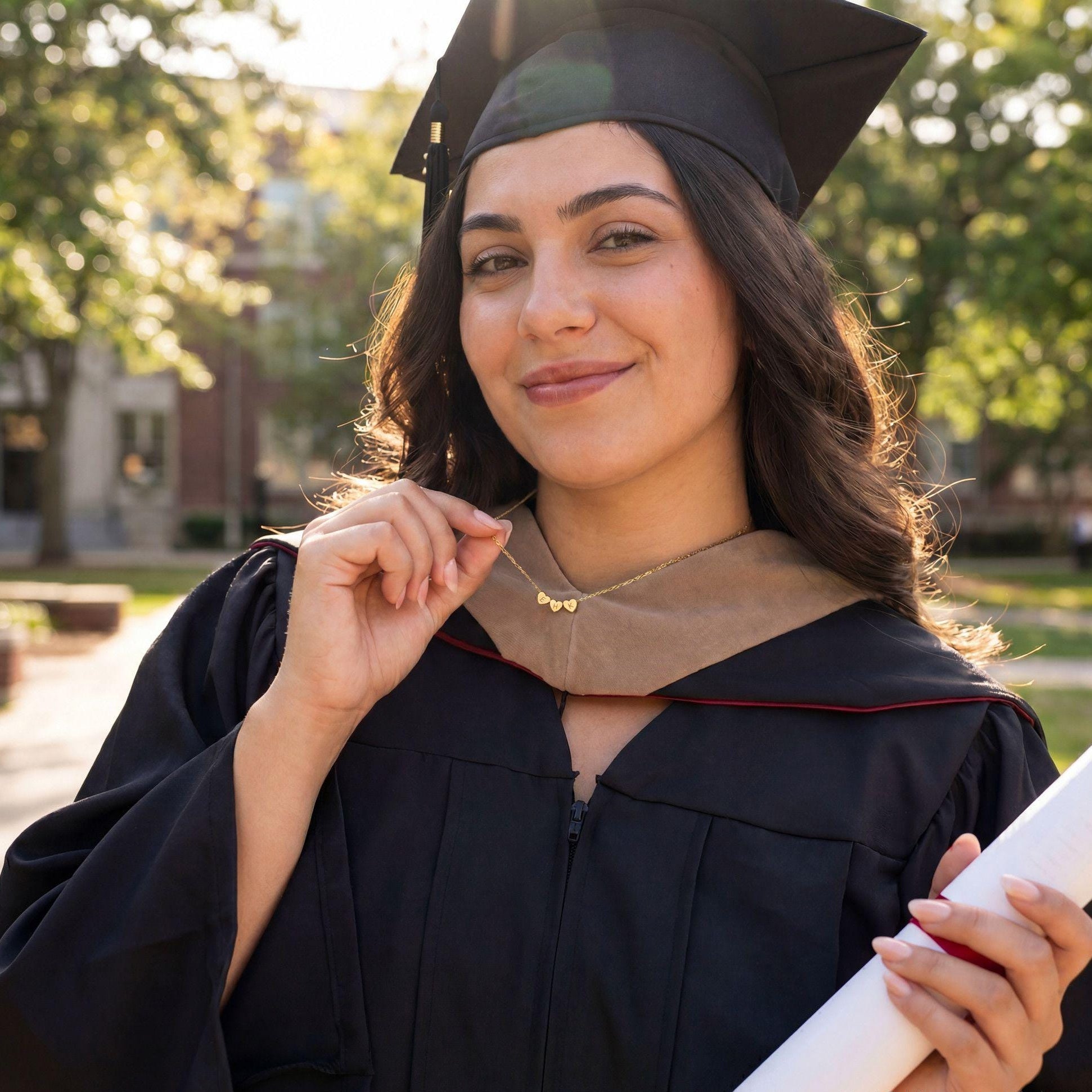 A woman wearing a black graduation cap and gown with a tan hood stands outdoors on a sunlit campus, holding a rolled diploma. Trees and buildings are softly blurred in the background.