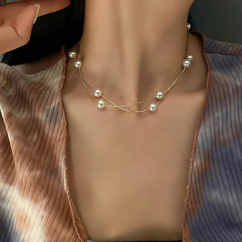 Warstwowy elegancki naszyjnik choker z perłami