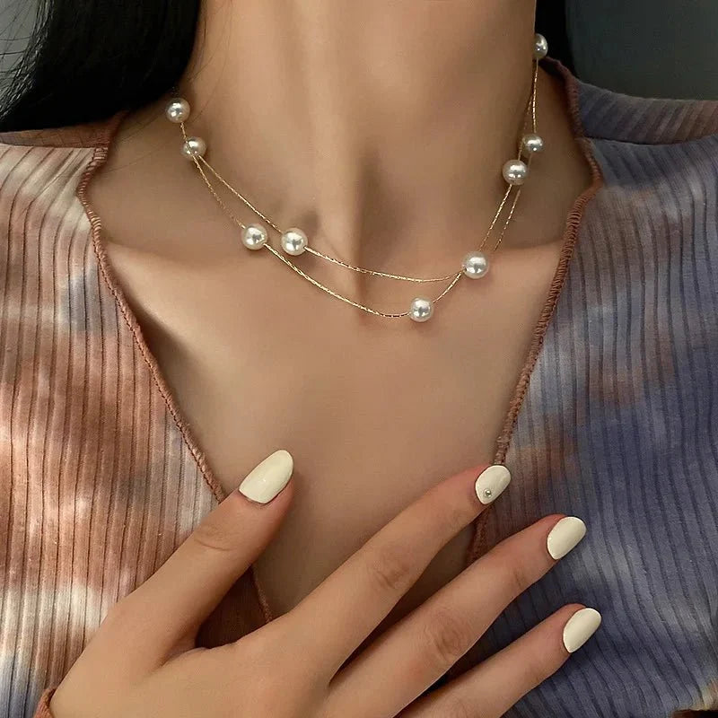 Warstwowy elegancki naszyjnik choker z perłami