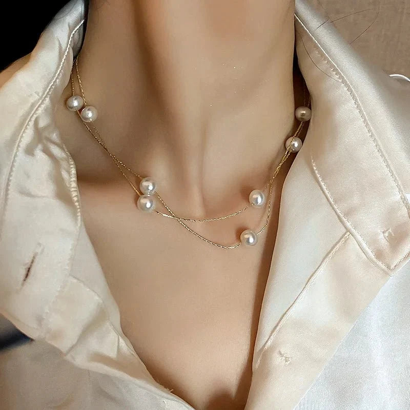 Warstwowy elegancki naszyjnik choker z perłami
