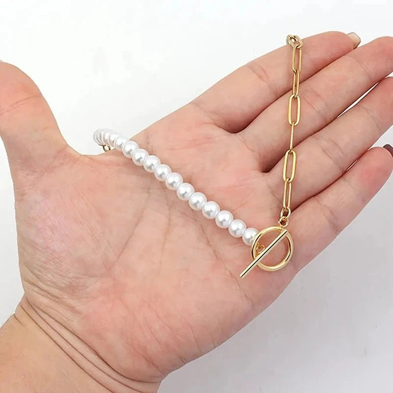 Bransoletka i naszyjnik z połączonych łańcuszków typu paperclip i pereł