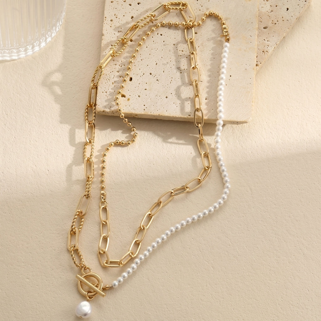 Collier élégant à perles et chaîne trombone à enrouler