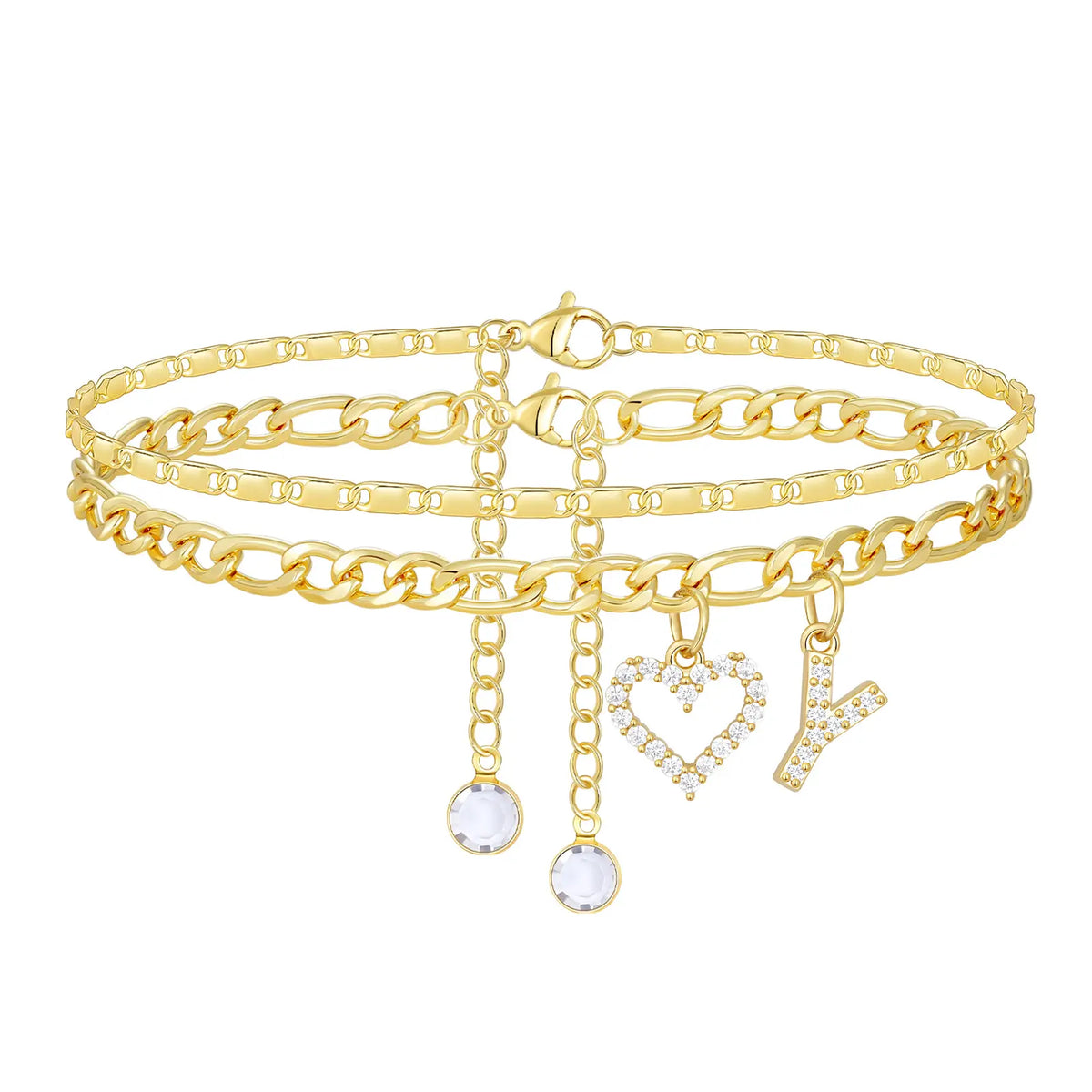 2pc 14k Letter Initial & Diamond Heart Anklet